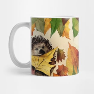 Hedgehog hiding between Autumn Leaves Mug